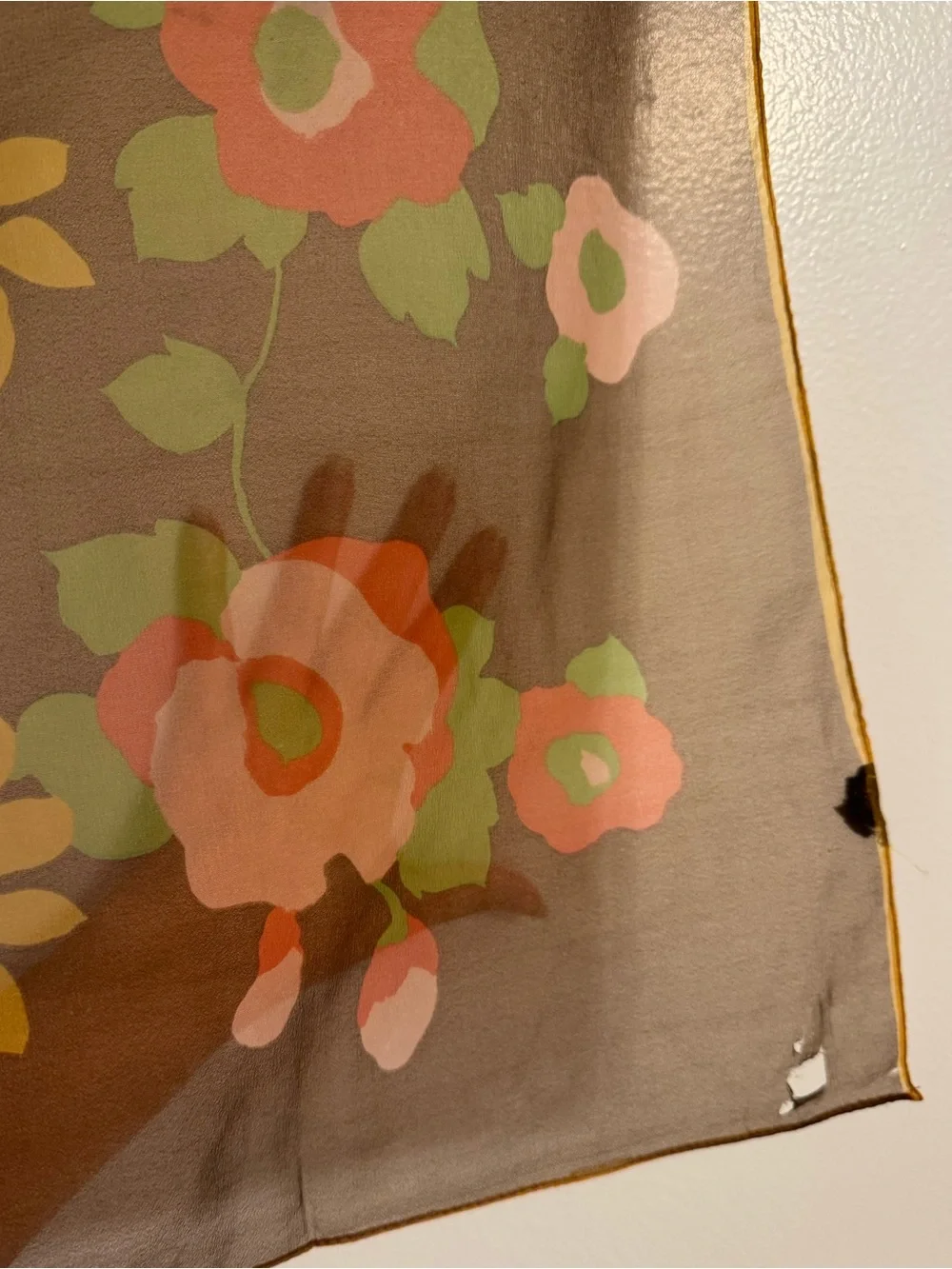 Vintage 1960s 70s Sheer Brown Floral Square Scarf.
